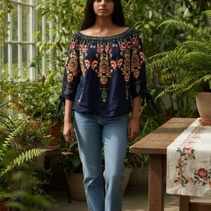 Y2K Off The Shoulder Navy Blue Floral Top Boho Cottagecore Fairy Grunge Phobe S